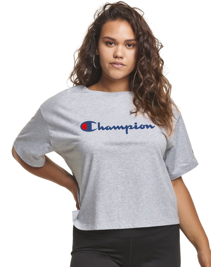 Champion Womens T-Shirt NZ - Plus Cropped Script C Logo Grey ( 1975-EYQGN )